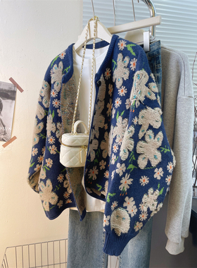 捡漏花朵毛衣外套女秋冬加厚法式高级感宽松针织开衫长袖甜美上衣