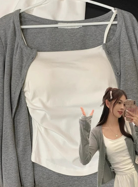打底衫女宽松春秋简约2025开春两件套上衣针织开衫外套配吊带背心
