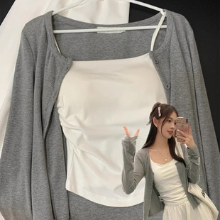 女宽松春秋简约2025开春两件套上衣针织开衫 打底衫 外套配吊带背心
