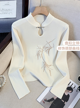 捡漏新中式国风竹子刺绣长袖T恤女秋冬季气质立领盘扣短款针织衫