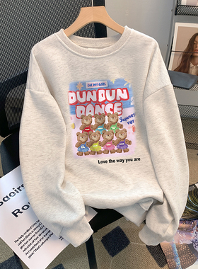 捡漏美式卡通动物印花圆领oversize卫衣女春秋宽松长袖上衣ins潮