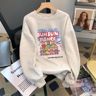 捡漏美式卡通动物印花圆领oversize卫衣女春秋宽松长袖上衣ins潮