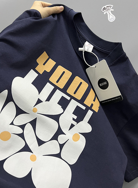 捡漏~大版宽松藏蓝色短袖t恤女美式复古风纯棉半袖正肩学生上衣夏