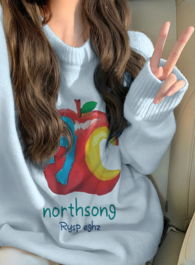 尾货原单外贸童趣风苹果印花圆领毛衣男女套头慵懒软糯针织衫蓝色