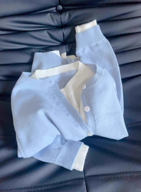 秋冬新款宽松法式小香风蓝色假两件针织开衫女韩系慵懒风毛衣外套