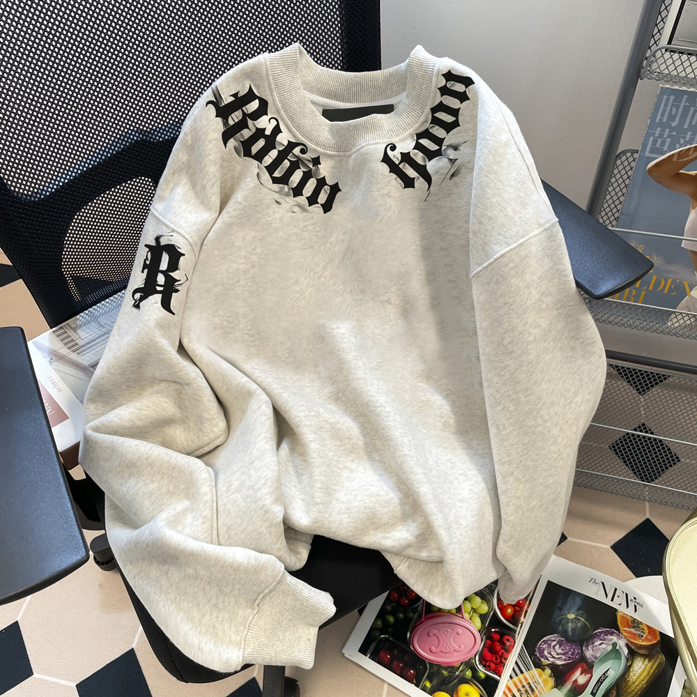 街头休闲风字母印花卫衣女长袖潮牌打底衫上衣浅灰色大码男女同款