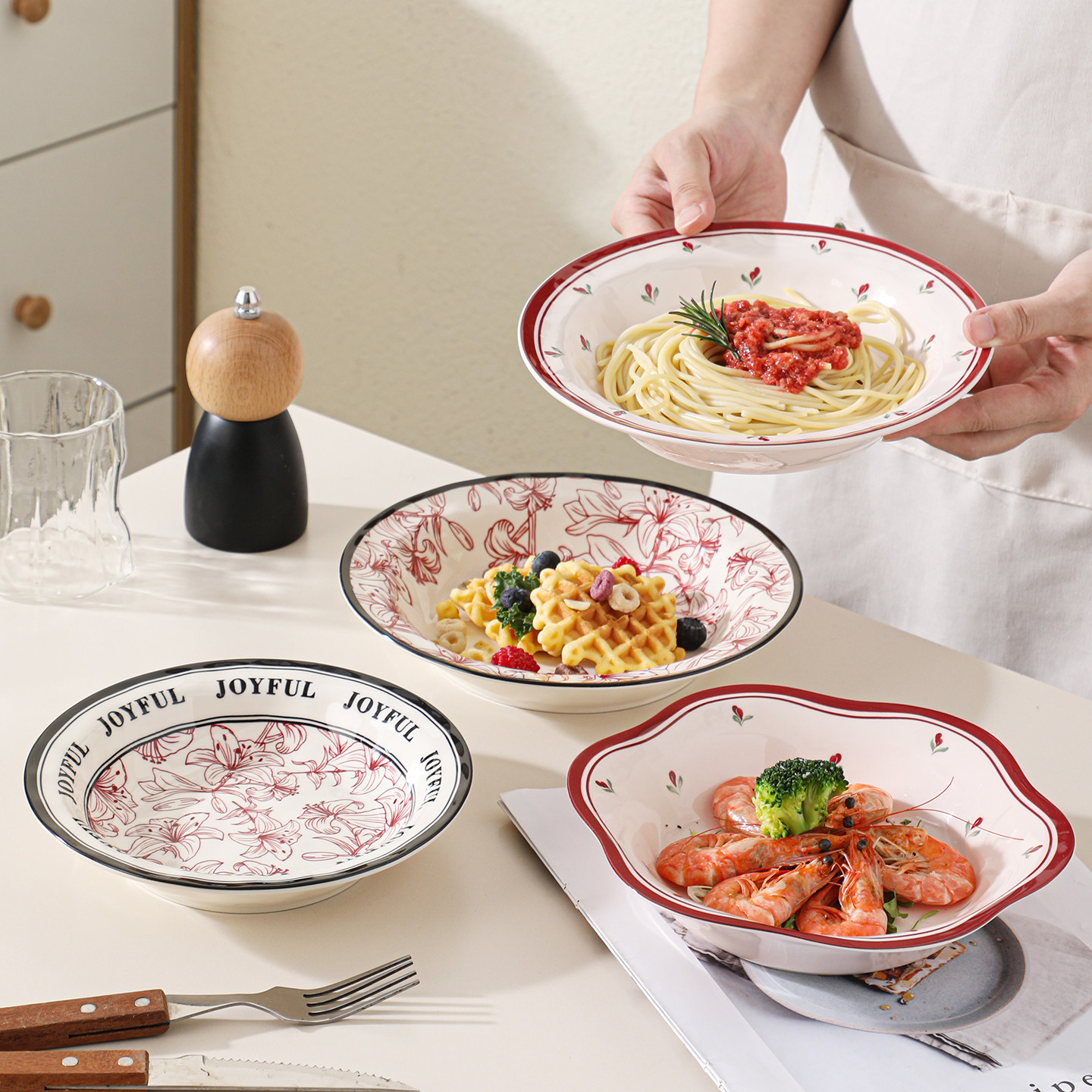 田园风盘子菜盘家用餐具陶瓷碗碟深盘2026新款高级感鱼盘汤面碗,餐饮具,盘,淘宝优惠券,粉丝福利购,淘宝优惠卷