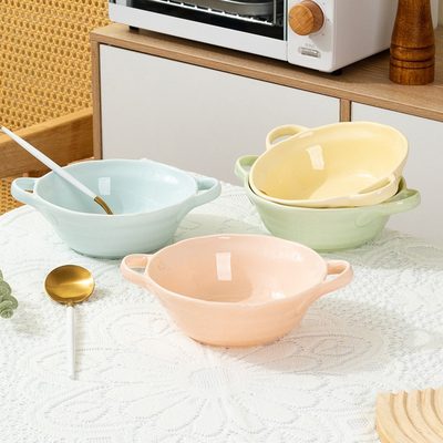 双耳陶瓷碗家用盛汤碗沙拉碗泡面碗奶油风新款大容量釉下彩拉面碗