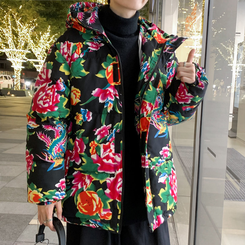 MY206东北大花连帽加厚保暖防寒棉衣外套风特色棉服情侣花衣,男装棉衣,星座1904B