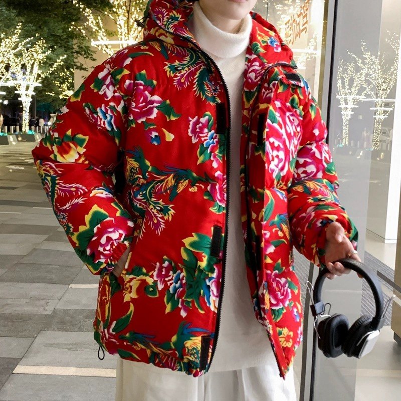 红色东北大花棉袄男款冬季加厚保暖棉服国潮喜庆穿搭情侣棉衣外套，男装棉衣，星座1904B