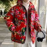 红色东北大花棉袄男款冬季加厚保暖棉服国潮喜庆穿搭情侣棉衣外套，男装棉衣，星座1904B