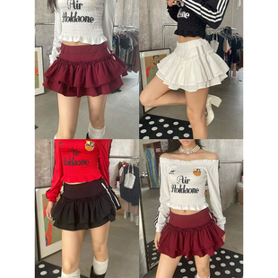 辣到中暑美式 甜辣妹芭蕾风蓬蓬裙拼接条纹百褶短裙防走光A字裙