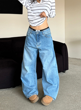 辣到中暑美式复古辣妹高街简约水洗蓝弯刀牛仔裤宽松阔腿拖地裤