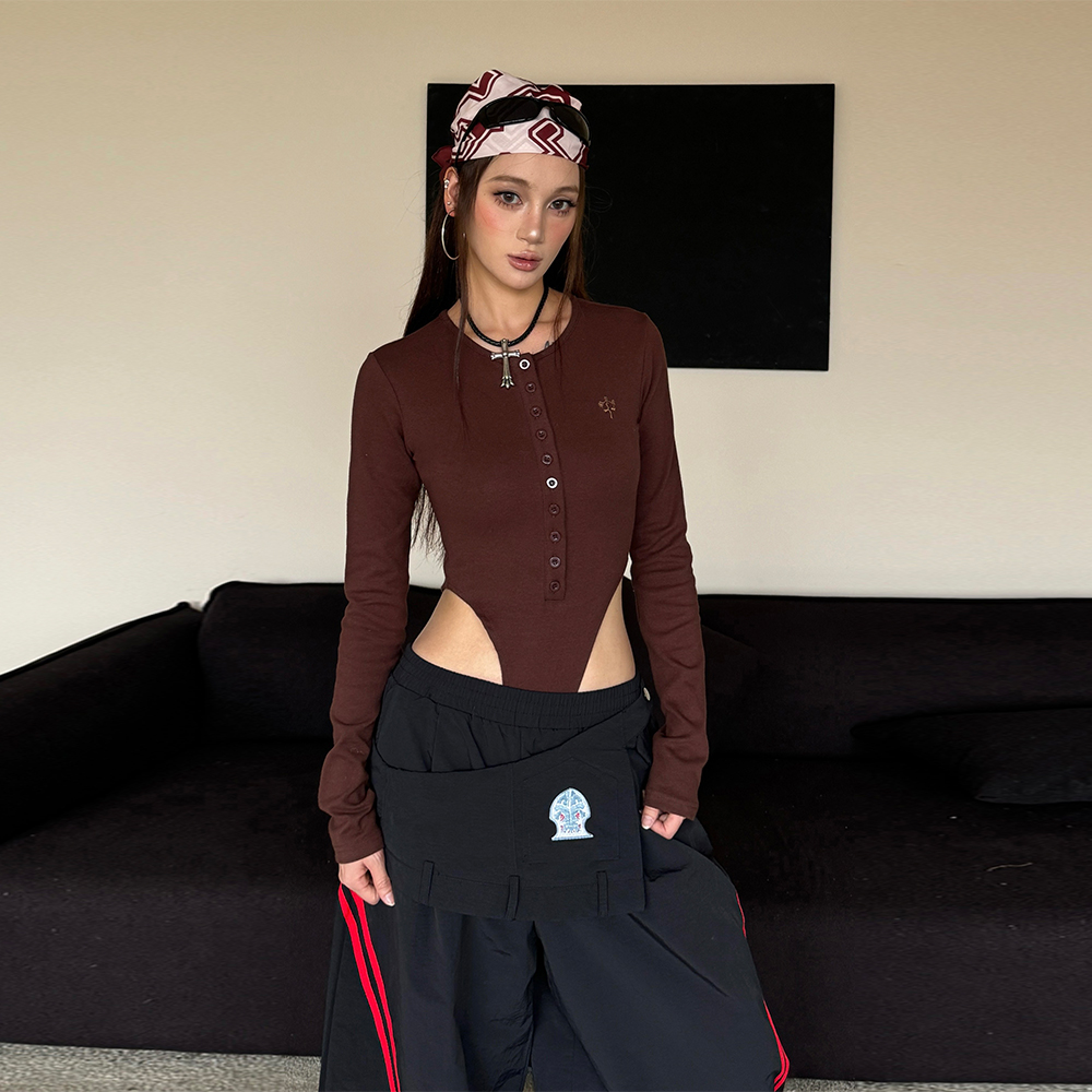 美式辣妹风街舞排扣长袖连体上衣