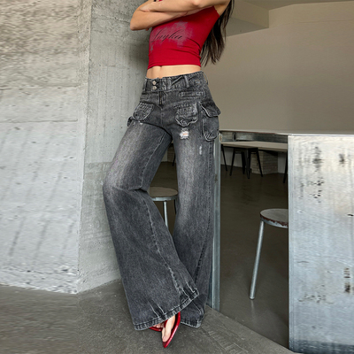 辣妹美式复古破洞水洗做旧牛仔裤