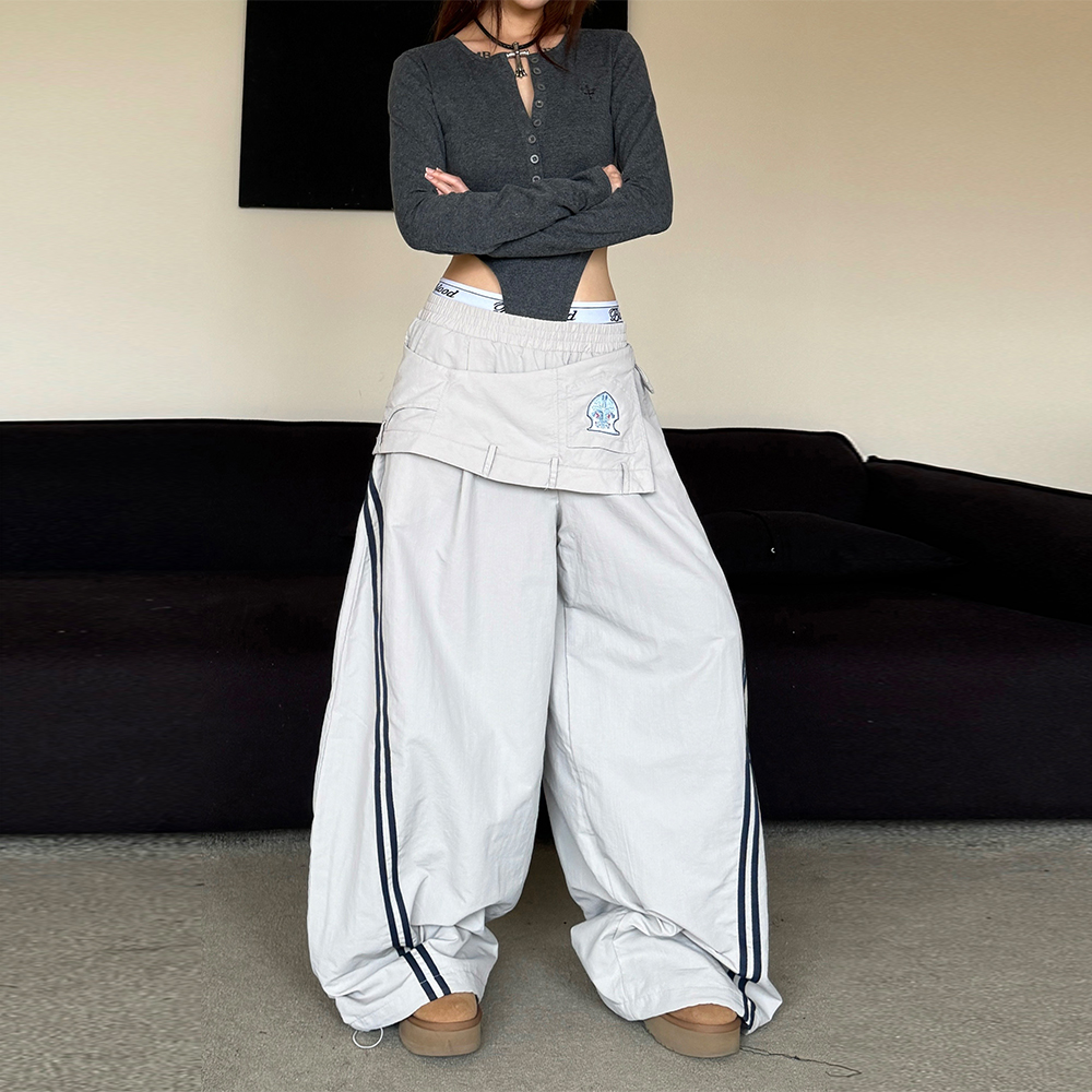 辣妹嘻哈街舞条纹拼接屁帘阔腿裤