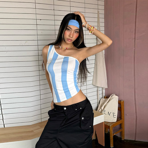 美式辣妹球衣风条纹斜肩露肩吊带