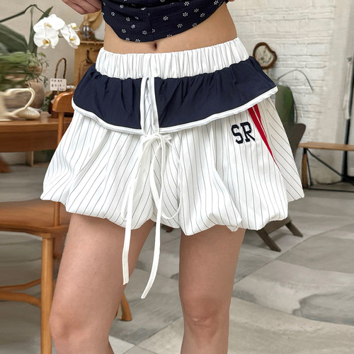 美式辣妹运动条纹拼接A字半身裙