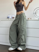 男女宽松阔腿拖地休闲裤 裤 潮 辣妹复古褶皱大口袋工装 辣到中暑美式