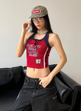 辣到中暑Bella风夏季美式复古辣妹运动风拼接挂脖绑带短款背心ins