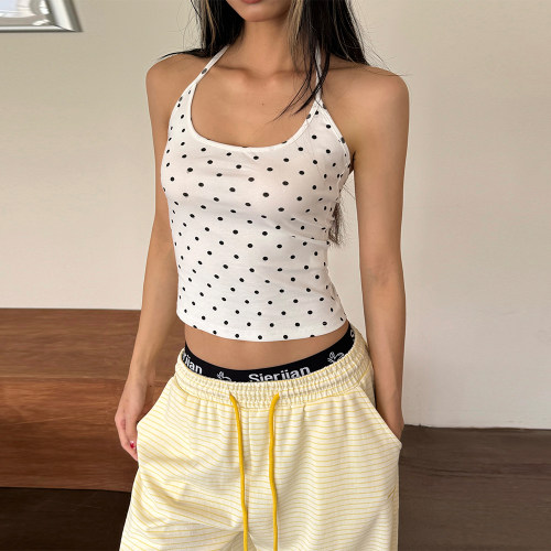 性感辣妹波点吊带挂脖绑带背心