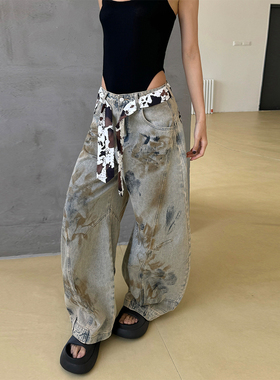 辣到中暑美式复古高街风喷墨扎染宽松牛仔弯刀裤配腰带阔腿拖地裤