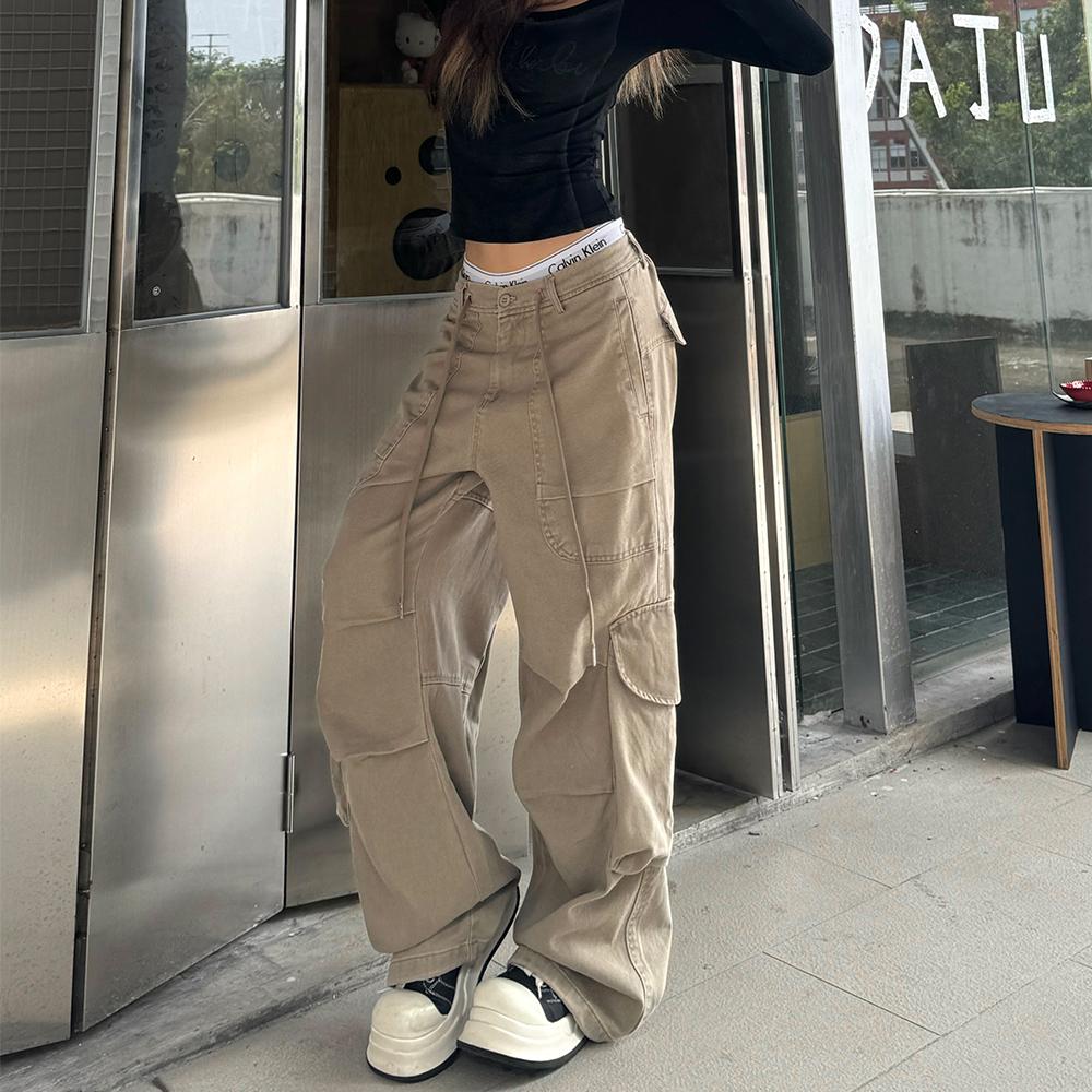 美式复古皱褶阔腿口袋工装裤宽松