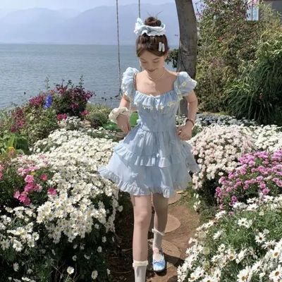 法式温柔甜美蓝色碎花连衣裙