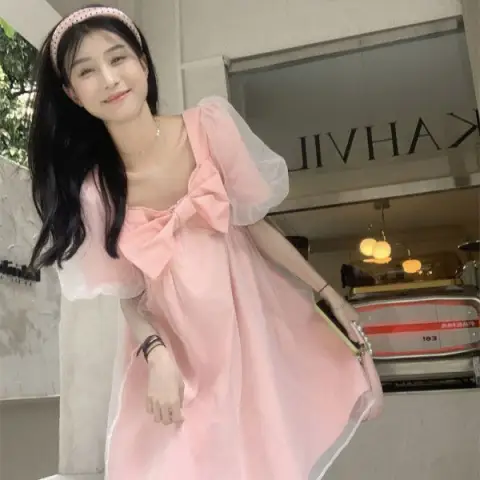 超仙方领小个子泡泡袖蓬蓬裙夏新款甜美小清新网纱蝴蝶结连衣裙女