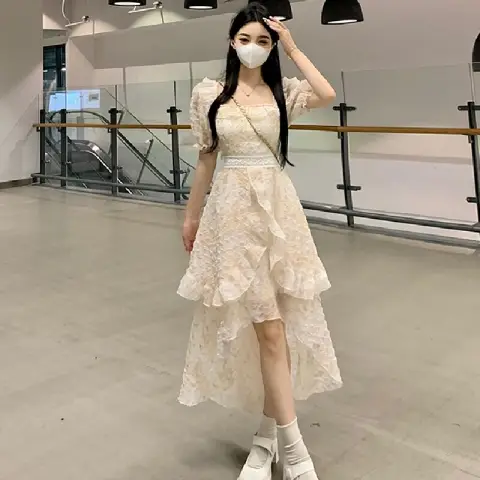 梦幻公主裙法式VIBRATE前短后长夏季不规则连衣裙显瘦方领蓬蓬裙