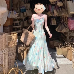 多巴胺碎花吊带连衣裙女夏丁达尔大理洱海海边度假步步生莲鱼尾裙