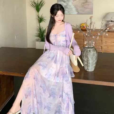 中长款夏季女装花色雪纺连衣裙紫色开衫吊带裙两件套套装度假风