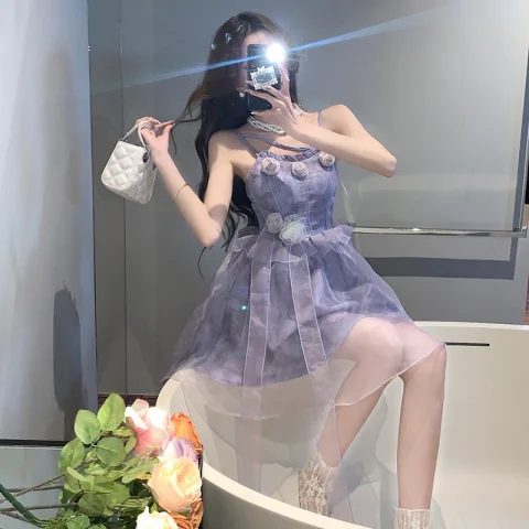 纱网蓬蓬裙女夏季2024新款高级感气质名媛甜美立体花朵吊带连衣裙