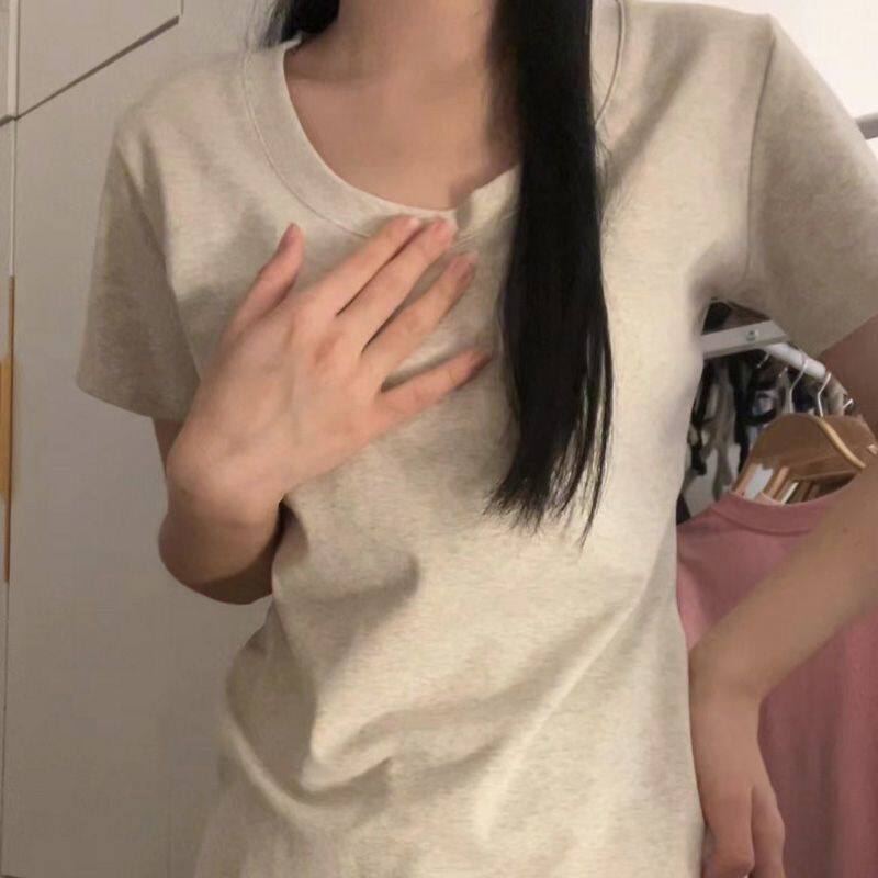 纯棉米灰色圆领正肩短袖t恤女夏天纯色短款修身显瘦百搭上衣T显瘦
