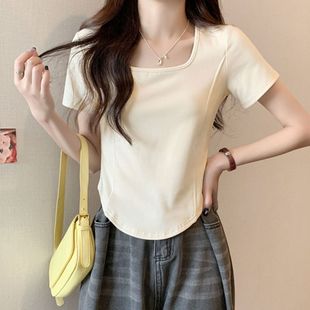 鱼骨上衣T 纯棉方领锁骨正肩短袖 t恤女夏新款 设计感修身 小个子短款