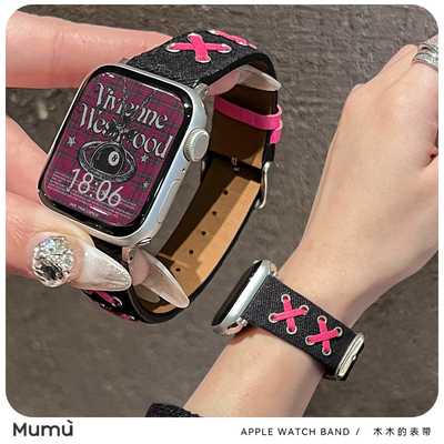适用于s10苹果applewatch手表带s9牛仔布拼皮带潮iwatch78代se2