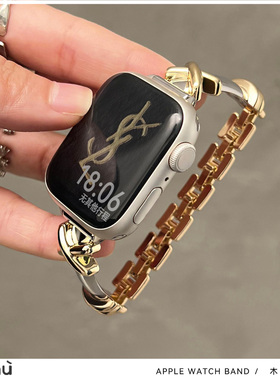 适用于s10苹果apple手表带S11玫金细表链s9金属iwatch7/8代/se2/3