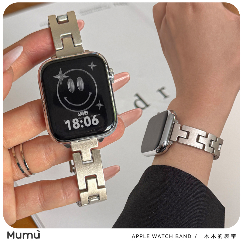 适用于s10苹果applewatch手表带金属蝴蝶扣细链s9女iwatch78代se2