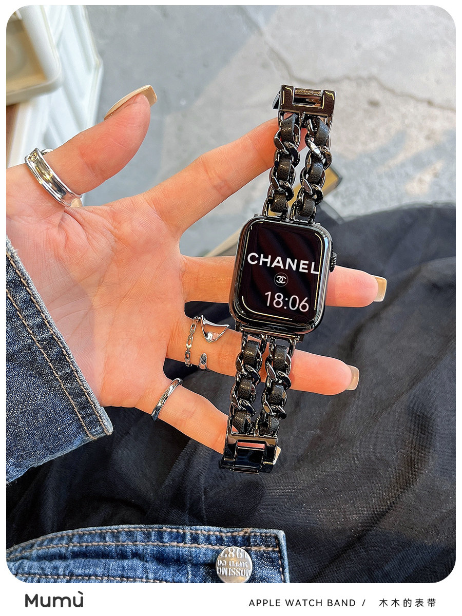 FOR S10 APPLE LITTLE FRAGRANCE WATCH APPLEWATCH8 7 SE LEATHER METAL DOUBLE ROW CHAIN S9