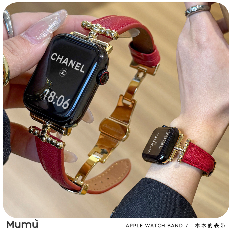 适用于iwatch手表带s9真皮蝴蝶扣s10鱼子酱applewatch苹果S8/7/SE