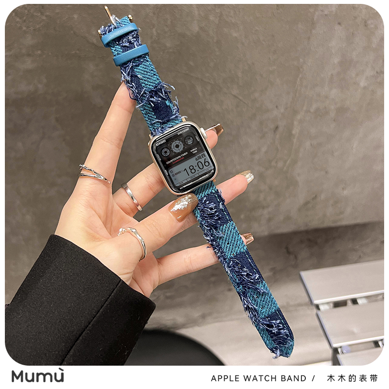 适用于s10苹果applewatch手表牛仔S9布棉做旧iwatch78代表带se
