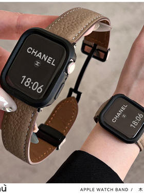适用于s10苹果applewatch手表带冬季s9牛皮折叠扣iwatch78代壳se2