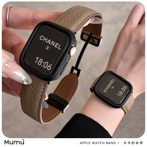 适用于s10苹果applewatch手表带冬季s9牛皮折叠扣iwatch78代壳se2