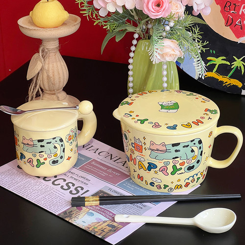 涂鸦陶瓷带盖泡面碗ins风