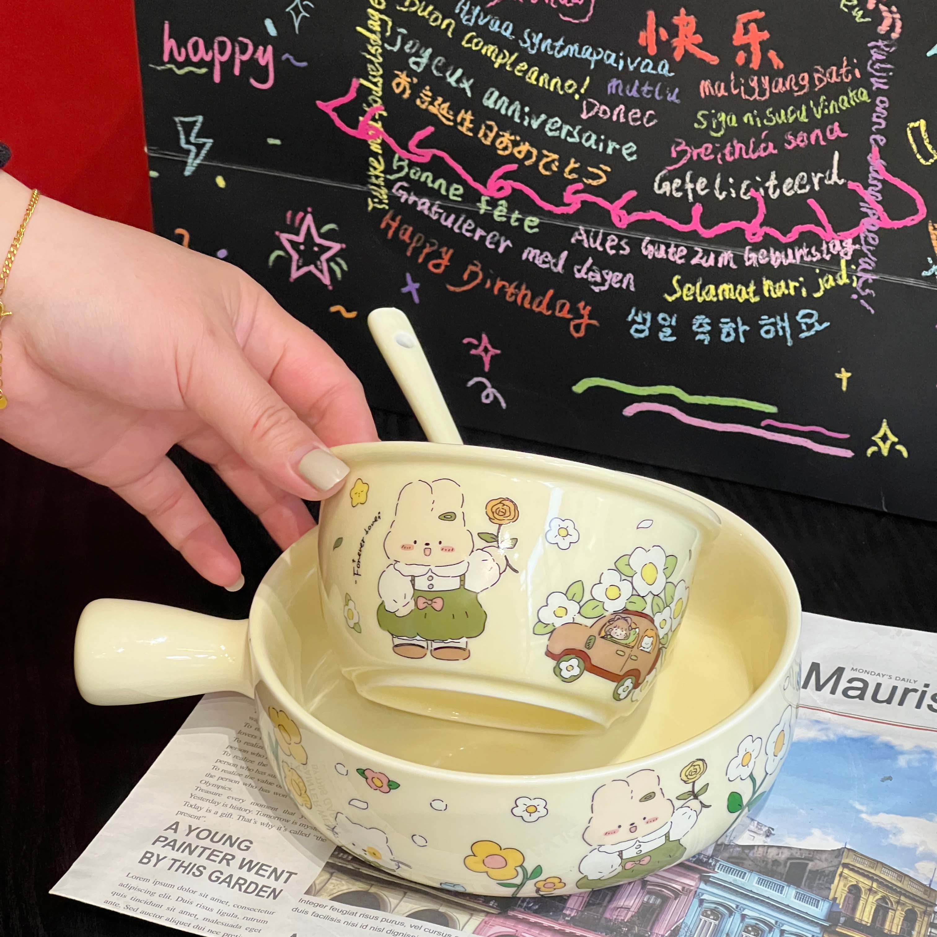 高颜值手柄碗可爱泡面碗情侣风陶瓷面碗儿童饭碗带手柄水果沙拉碗