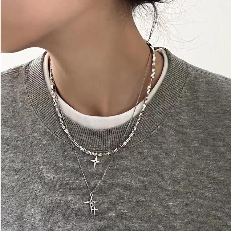 个性潮酷轻奢2025新款设计感碎银子四芒星双层叠戴项链女