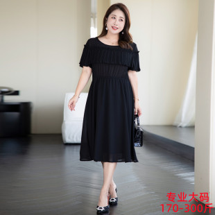 300斤胖女人胖MM特大码女装遮肚雪纺连衣裙宽松显瘦遮肉小黑长裙