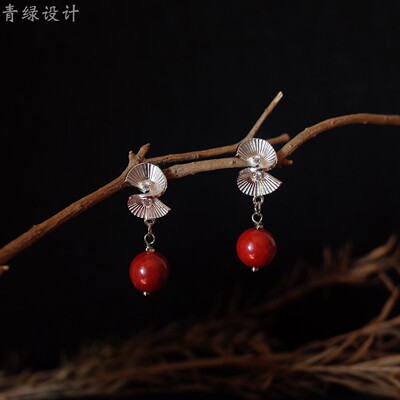 【银粟】青绿设计新中式国风朱砂耳环女复古扇形耳钉高级感