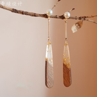 【山有木兮】青绿设计天然金箔木片树脂耳环女高级感气质淡水珍珠