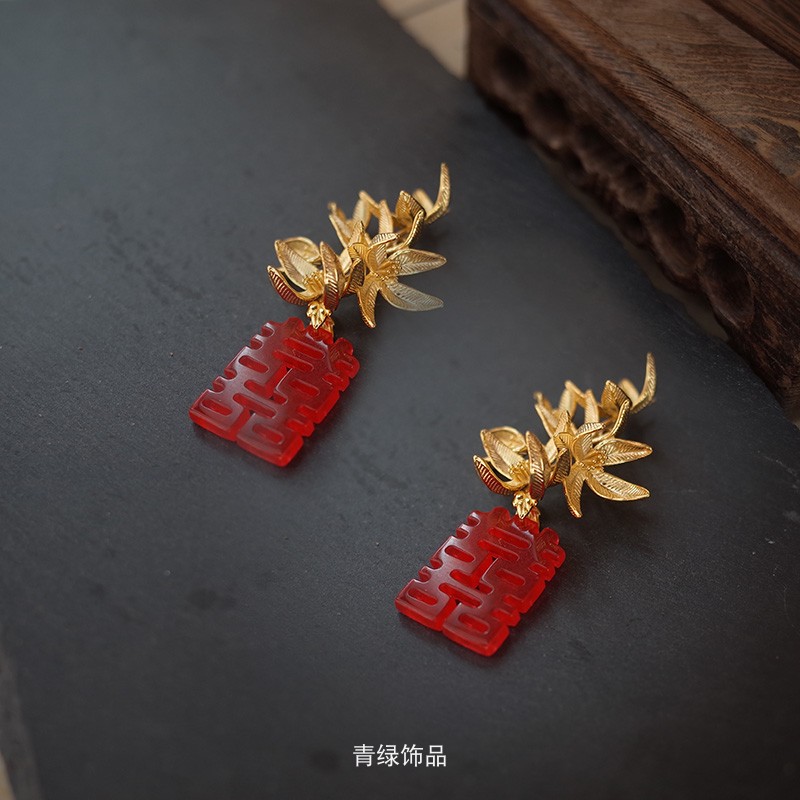 中式新娘紫荆花红双喜耳环